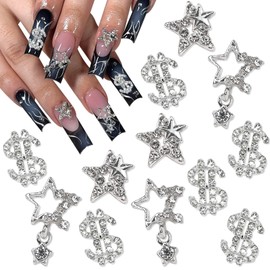 YAEISM 12PCS Star Nail Charms 3D Money Nail Charms Crystals Shiny Alloy Silver Nail Charms Nail Rhinestones for Nail Art and DIY Crafts Decoration