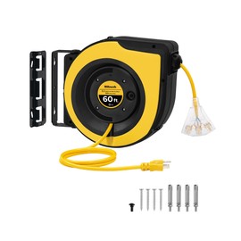 WILAWELS Retractable Cord Reel, 60 FT Heavy Duty Extension Cord, 12AWG/3C SJTOW, 3 Grounded Outlets Lighted Triple Tap, 15A Circuit Breaker, Wall/Ceiling Mounted, UL Listed, Yellow Y60CR06