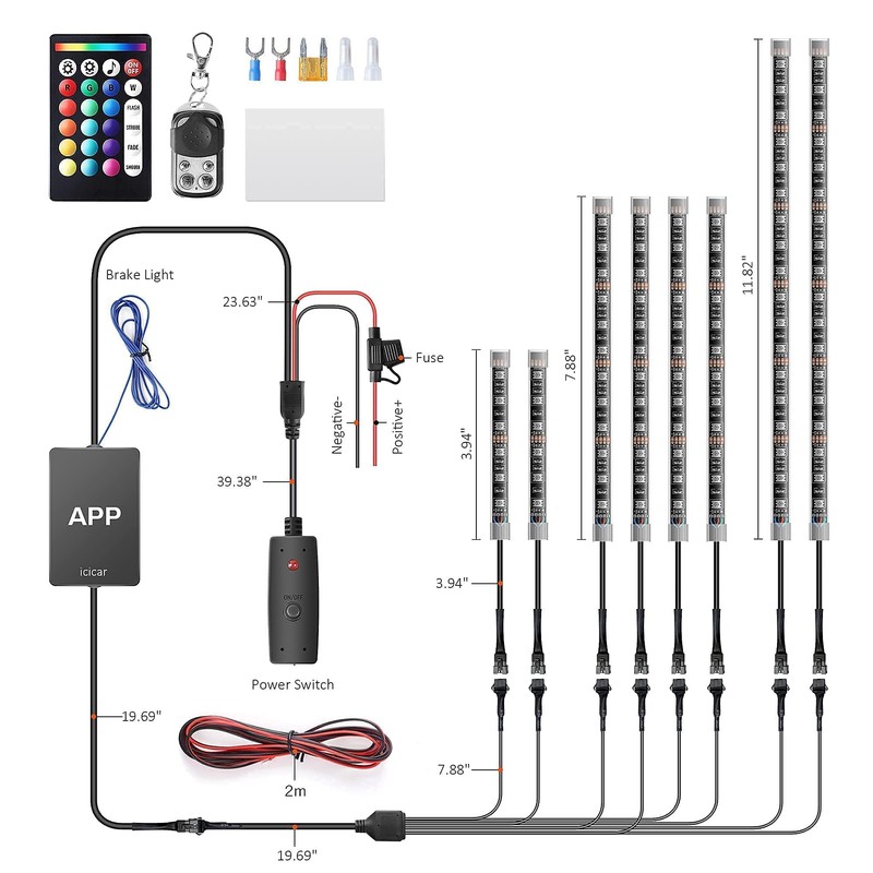 Motorcycle LED Underglow Kit, icicar 8 Pcs APP/RF Control Multicolor