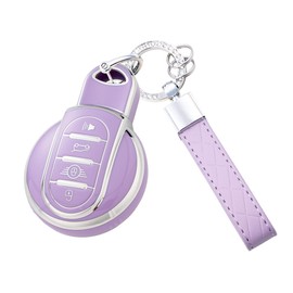 Flensent Key Fob Cover with Keychain for Mini Cooper F54 F55 F56 F57 F60 4-Buttons (Purple)