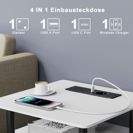 Einbausteckdose with 15W Kabelloses Ladegerät, Haiaoyyds Einbau Steckdosenleiste mit 2 USB (20W), 2m Kabel, Tischsteckdose für Konferenztisch, Arbeitsplatte, Sofatisch, Schwarz