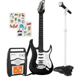 Best Choice Products Kids Electric Musical Guitar Play Set, Toy Guitar Starter Kit Bundle w/ 6 Demo Songs, Whammy Bar, Microphone, Amp, AUX, 2 Sticker Sheets - Black