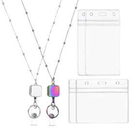 PATIKIL Badge Necklace Lanyard with ID Holder,2Pcs 304 Stainless Steel Retractable Square Badge Reel Lanyard Clip Chain with 2 Set ID Holder for Woman Office ID Card Key,Rainbow Color