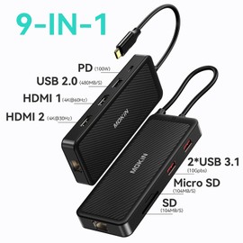 MOKiN USB-C Hub, 9-in-1 USBC Dock, Dual 4K HDMI USB C to USB Adapter, 1 Gbps Ethernet Hub, 100W Power Delivery, SD Card Reader for MacBook Pro, XPS and More