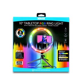 Bower 10 inch RGB Selfie Desktop Ring Light Stand Studio Kit - Ultra Wide Range, 9 Colors, 12 Brightness Levels, Special Effects, Tripod, Phone Clip/Holder