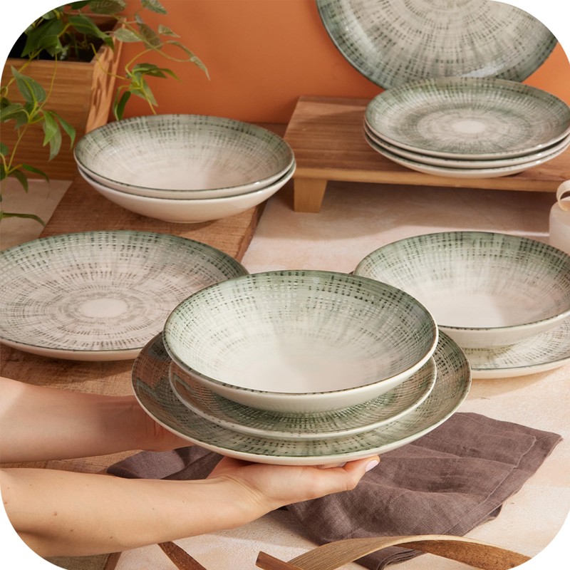 Corona 12-Piece Textured Modern Textured Finish Ceramic Dinnerware Sets, Plates