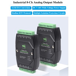 Industrial 8-Ch Analog Output Module 12-bit DA Conversion DC 7~36V Wide Voltage Power Supply, Sending Modbus RTU Protocol Commands via RS485, 8-CH Simultaneous Current Output (0~20mA)