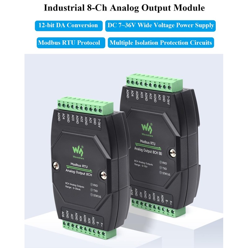Industrial 8-Ch Analog Output Module 12-bit DA Conversion DC 7~36V