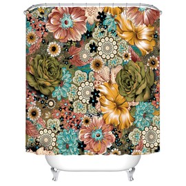 通用 Spring Shower Curtain Colorful Boho Floral Mandala Boho Ethnic Fabric Bathroom Decor Curtain 180x180cm