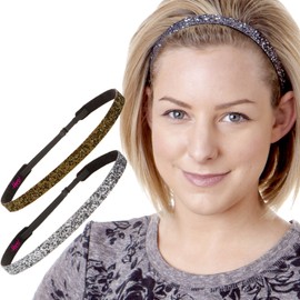 Hipsy 2pk Women's Adjustable NON SLIP Skinny Bling Glitter Headband Gunmetal Duo Pack (Gunmetal & Brown)