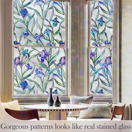 ALIUNI Stained Glass Window Film, Window Privacy Film Frosted Faux 3D Floral Decorative Static Cling Heat Blocking Window Tint, Orchid, 23.6" x 35.4"