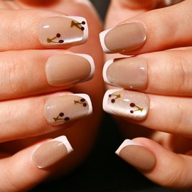 Sethexy Coffin Press on Nail Short - Cat Eye, French Tip, Cherry Design Acrylic False Nail for Women 15 Sizes - 30 Pcs Soft Gel Nail Kit with Glue