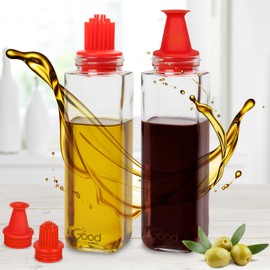 Olive Oil & Vinegar 10oz Spill Proof Glass Cruet Dispensers -Interchangeable Basting Brush and No Drip Spout Tops - Easy To Clean - Kitchen Gadget Gifts