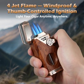 Joyoldelf Cigar Torch Lighter Quad Flame - Refillable Jet Butane Windproof Lighter with Cutter, Punch & Fuel Window (Without Butane) - Premium Gift for Men, Outdoor Smoking, Portable Use