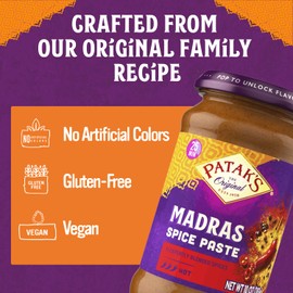 Patak’s Madras Spice Paste - Hot Indian Curry Paste with 11 Expertly Blended Spices - No Artificial Colors, Gluten-Free and Vegan - Bold Madras Curry Base for Home Cooking & More - 10oz Jar (Pack of 1)