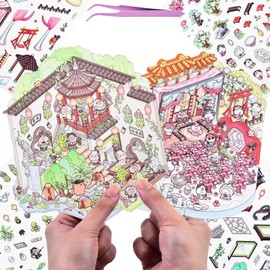 2 Sets DIY 3D Fun Large Size House Scene Stickers with Tweezer Make Your Own Vintage Flower Courtyard Sticker Scenes Cute Animal Theme Craft Micro Stickers for Relief Stress Pass The Time