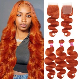 Beaushine 10A Bundles with Closure Human Hair Brazilian Body Wave Bundle Human Hair, 350 Ginger Colored Human Hair Bundle with Closure 20 22 24+20 inch Body Wave Bundle with Free Part Lace Closure