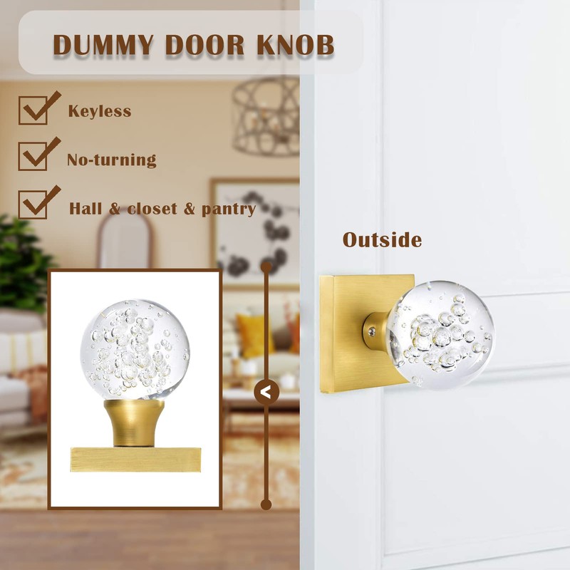 HIEMEY 2 Pcs Glass Dummy Door Knobs Interior, Gold Crystal