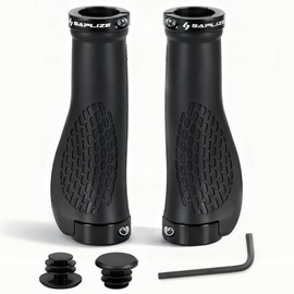 SAPLIZE Bike Grips, Ergonomic Design Bicycle Grips Widen Holding Rubber Bike Handlebar Grips with Aluminum Lock for Mountain Road MTB (Black, Black Rings)