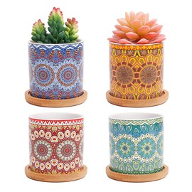 ROSE CREATE 4 pcs 3.0 inches Ceramic Succulent Planters - with Bamboo Trays, Small Plant / Cactus / Bonsai / Flower Container Pots Gift with a Drainage Hole for Windowsill and Office Table Home Decor