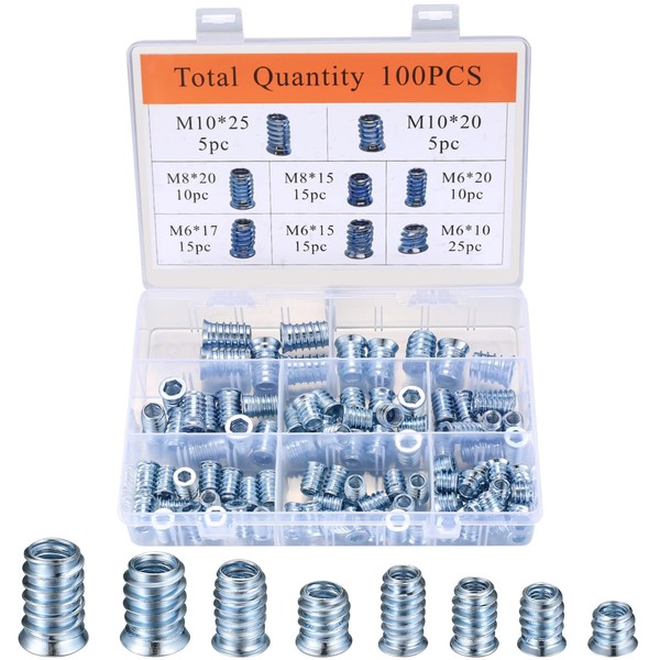 100 Pcs Threaded Inserts for Wood, M6/M8/M10 Hex Socket Screw-in Nuts Kit, Hex Flanged Socket Drive Threaded Insert Nuts, Hex Threaded Inserts Assortment Set for Wood Furniture