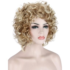 Kalyss Short Curly Wavy Blonde Wigs for Women Heat Resistant Synthetic Full Head Hair Costume Wig Natural Looking 130% Density Hairpiece