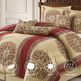 LANCO MODERN LIFESTYLE Queen Comforter Set, Wine Gold Medallion Jacquard Design, Luxurious Bohemian 7 Pieces Bedding Set with Decorative Pillows and Bed Skirt