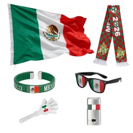 Kit de Aficionado con Bandera, Bufanda, Gafas de Sol, Pulsera, Aplaudidor de Mano y Pintura Facial para Partidos de Fútbol y Copa Mundial 2026, 6 Piez