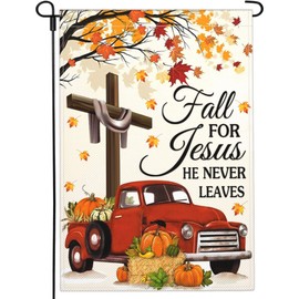 Shuitouk Fall for Jesus He Never Leaves Garden Flag Fall Pumpkin Garden Flags for Outside 12x18 Double Sided 3Ply Polyester Autumn Thanksgiving Garden Flag House Yard Sign Decorations