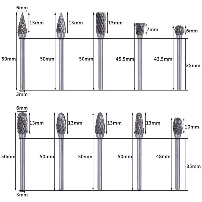 ANCLLO 10pcs Double Cut Tungsten Steel Solid Carbide Rotary Burrs