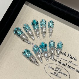 JIEADJIE Press On Nails (100% Handmade),Length Version,Handmade Painted Nail Art by Nail Technician,Luxury Party and Holiday Styles (Blue Diamond, Medium)