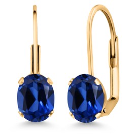Gem Stone King 2.00 Cttw Blue Created Sapphire Yellow Gold Plated Leverback Earrings For Women | Gemstone September Birthstone | Oval 7X5MM