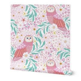 Peel & Stick Wallpaper 3ft x 2ft - Floral Owl Feminine Botanical Pastel Bird Modern Pink Kids Custom Removable Wallpaper by Spoonflower