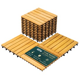 Idzo Interlocking Deck Tiles - 10PCS Oiled Finish Solid Teak Wood Patio Tiles, Flooring Tiles for Both Indoor and Outdoor - Decking Stripe Pattern, Golden Teak, 12 x 12 x 0.9 inches