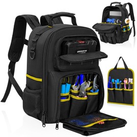 LASUK Tool Backpack, Heavy Duty Tool Bag with Padded Shoulder and Removable Tool Organizer, Water-Resistant Work Backpack, for Electrician, Plumber, HVAC, Cable Repairman, Black & Yellow