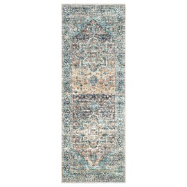 Bloom Rugs Caria Washable Non-Slip 7 ft Runner - Blue Green/Tangerine Traditional Runner for Entryway, Hallway, Bathroom, and Kitchen - Exact Size: 2'6" x 7'