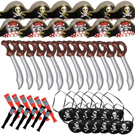Funny Pirate Party Hats 48 PC Set – Pirate BirthdayParty Favors for Kids - 12 Pirate Hats, 12 Patches, 12 Swords, 12 Telescopes