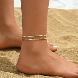 RATVIU Tennis Anklet for Women 18K Gold Plated Layered Tennis Anklets Simple Adjustable Large Anklet Bracelets Dainty Beach Summer Waterproof Foot Jewelry