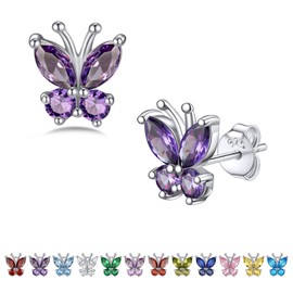 Bestyle Crystal Stud Earrings 925 Sterling Silver Girls Children Earrings with Synthetic Zirconia Birthstone Butterfly Earrings Comes in Jewellery Gift Box, Sterling Silver