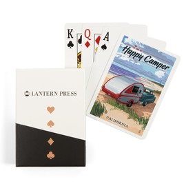 California Coast, I'm a Happy Camper, Retro Camper on Beach (52 Playing Cards, Poker Size Card Deck with Jokers)