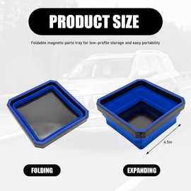 FSTURIOS Collapsible Magnetic Parts Tray, 4.5" Square Silicone Tool Tray with Double-Sided Magnetic Base, Foldable Bowls Small Metal Parts Holder for Screws Bolts Nuts Washers (Blue)