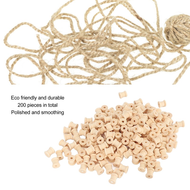 200Pcs Wooden Spools 0.55in 0.51in Unfinished Polished Wood Smoothing Wooden