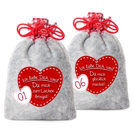 24 Felt Advent Calendar Bags with 24 Reasons I Love You, Because 2017 (Suitable for Adults Men & Women) for Christmas Calendar/Advent Calendar to Fill, 10 x 15 cm