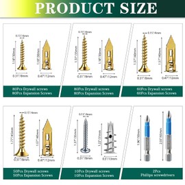 610pcs Self-Drywall Drilling Anchors with Screws, 5 Different Expansion Sizes Screw Set, Zinc Plated Steel Dry Wall Screws no Drilling Required, Easy to Install