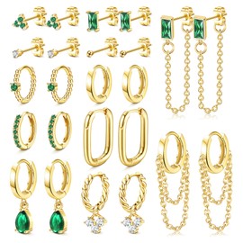 LOLIAS 12 Pairs Green Earring Sets for Multiple Piercings Stainless Steel Gold Plated Earrings Set Chain Hinged Dangle Hoop Earrings Green Small Cubic Studs Pack Emerald Earrings for Women