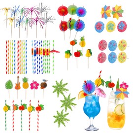 100PCS Cocktail Accessories for Drinks, Cocktail Decorations Party Pack, Reusable Paper Umbrellas, Sparkler Sticks, Paper Straws,Fruit Label, Cocktail Accessories for Summer Beach Party Food Drink