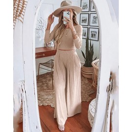 BTFBM Women's Two Piece Lounge Set Long Sleeve Bodycon Ribbed Knit Crop Top Loose Wide Leg Pant Casual Outfits Sweatsuit