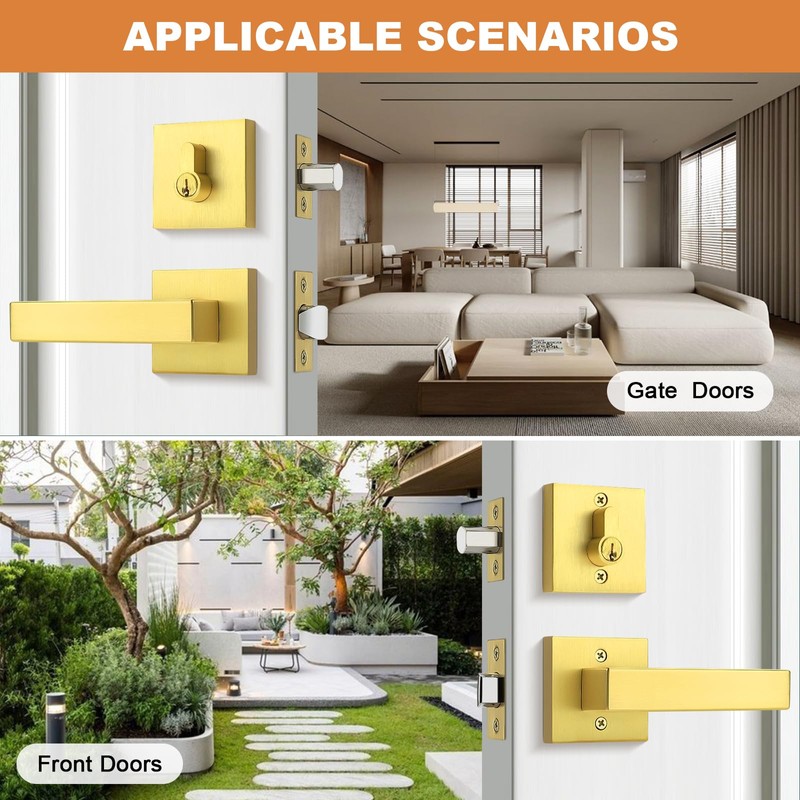 Probrico Satin Gold Exterior Door Locksets Square, Heavy Duty Front