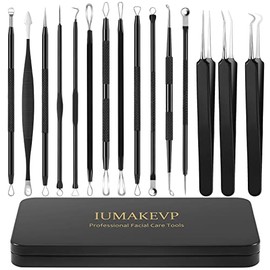 IUMAKEVP Blackhead Remover, Comedone Squeezer Set, 15 Pieces, High-Quality Blackhead Remover Made of Stainless Steel, Blackheads and Pimples on the Face, Pimple Squeezing Tool with Metal Housing (Black)