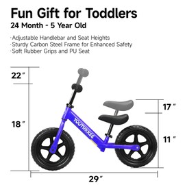 Youthkkee 12 Inch Toddler Balance Bike for 2-5 Year Olds, No-Pedal Bike with Tool-Free Adjustable Seat, Quick Assembly, Gift for 2-3 Year Old Boys & Girls with Customizable Plate